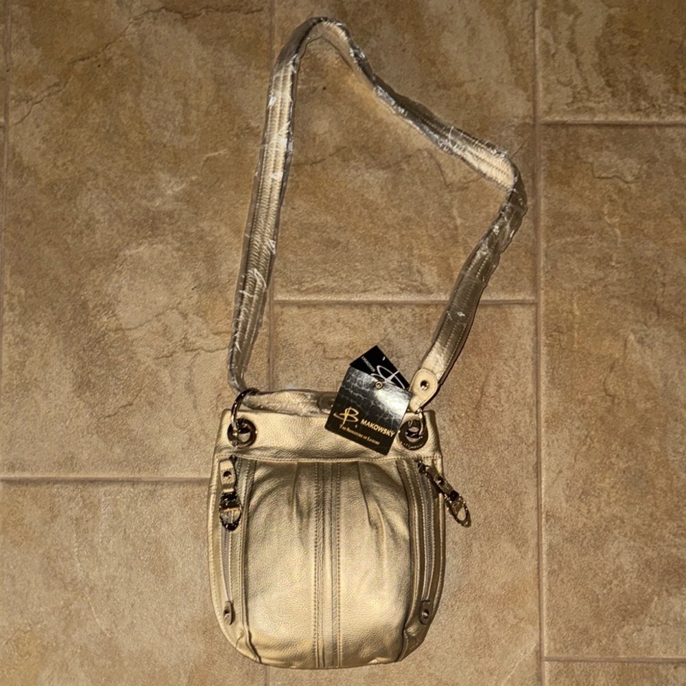 B.Makowsky Gold Leather Crossbody Shoulder Bag
